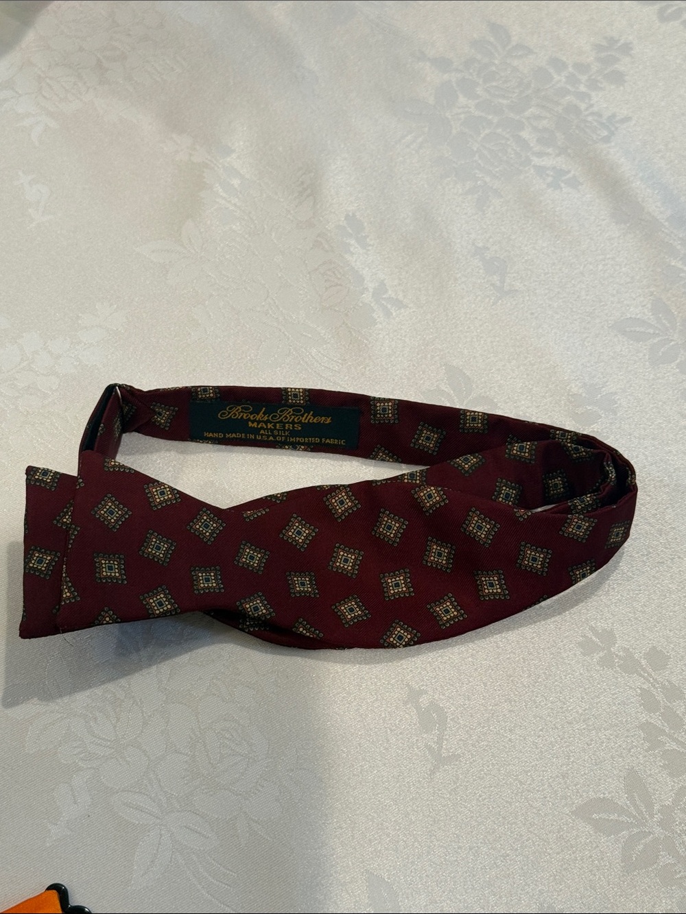 Brooks Brothers Maroon Silk Bow Tie with Geometric Medallions